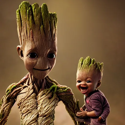 Image similar to photo realistic image of a baby groot giving baby yoga a piggyback ride, stunning 3 d render inspired art by istvan sandorfi and greg rutkowski, perfect facial symmetry, realistic, highly detailed attributes and atmosphere, dim volumetric cinematic lighting,