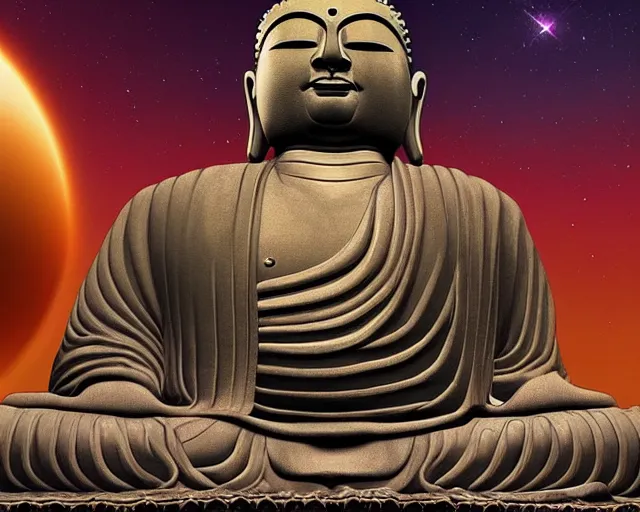 Prompt: a giant buddha in space, highly detailed, digital art, 3D art, by Josh Pierce