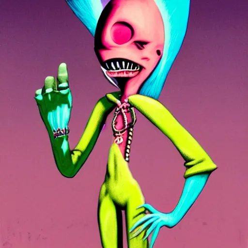 Image similar to a pink punk rock rapper alien with black spiked hair, an airbrush painting by Jamie Hewlett, cgsociety, symbolism, antichrist, aesthetic, 8k