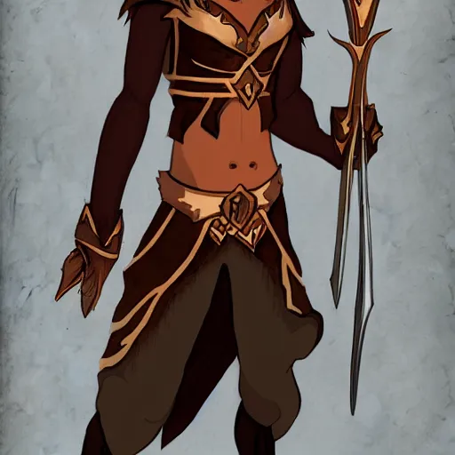 Image similar to dnd character illustration of a dark - skinned half - elf with messy red hair and golden eyes with slit pupils, androgynous