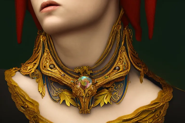 Image similar to highly detailed oil painting, historical, art nouveau, ornate, delicate, royal, renaissance, brilliant magical gemstones choker, around a neck, octane render, realistic, dramatic light, 3 d, photograph 4 k,