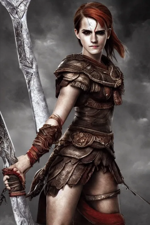 Image similar to Emma Watson as Kratos, brutal, detailed realistic, photorealistic, full body