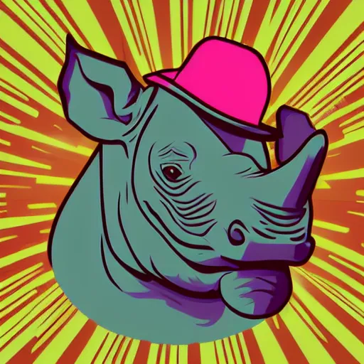 Image similar to a close up of a rhino wearing a hat, in retro colors, synthwave style, 2 d digital vector art