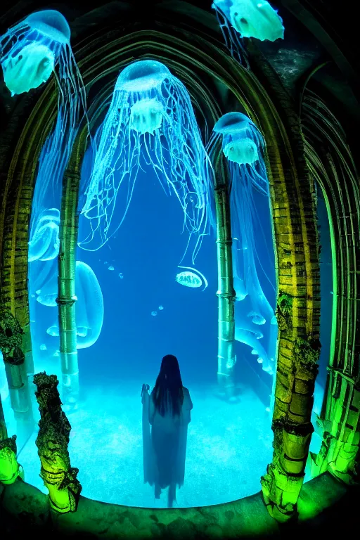 Prompt: high quality photo of cinematic underwater dystopian neo - gothic cathedral ruins with giant bioluminescent colorful aquatic plants and jellyfish, digital art masterpiece, aykut aydogdu eric zener, dramatic volumetric light, extreme long shot, ground angle uhd 8 k, sharp focus