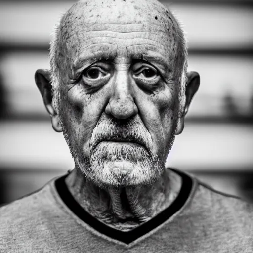 Image similar to Mike Ehrmantraut black and white portrait, XF IQ4, f/1.4, ISO 200, 1/160s, 8K, RAW, unedited, symmetrical balance, in-frame