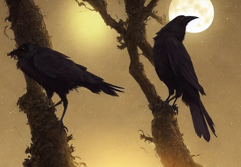 Image similar to crow on tree in front of the full big moon, highly detailed, digital painting, artstation, concept art, smooth, sharp focus, illustration, Unreal Engine 5, 8K, art by artgerm and greg rutkowski and alphonse mucha