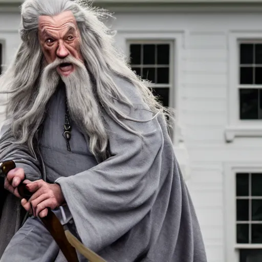 Prompt: gandalf attacks the white house, ( eos 5 ds r, iso 1 0 0, f / 8, 1 / 1 2 5, 8 4 mm, postprocessed, crisp face, facial features )