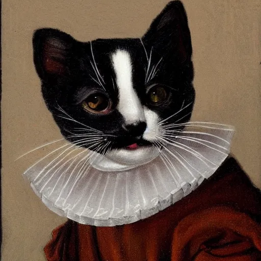 Prompt: portrait painting of an adorable tuxedo kitten in renaissance clothing in the style of Albrecht Duerer