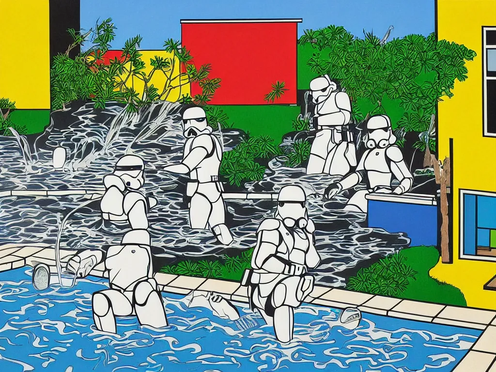 Prompt: hyperrealism composition of the japanese house with a hot springs in the garden, two detailed stormtroopers bathe in a hot spring, pop - art style, jacky tsai style, andy warhol style, roy lichtenstein style, acrylic on canvas