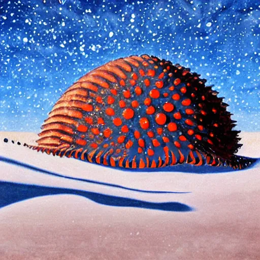 Image similar to a giant trypophobia sand worm attacks warriors in a snowy desert by the artist daniel oldenburg