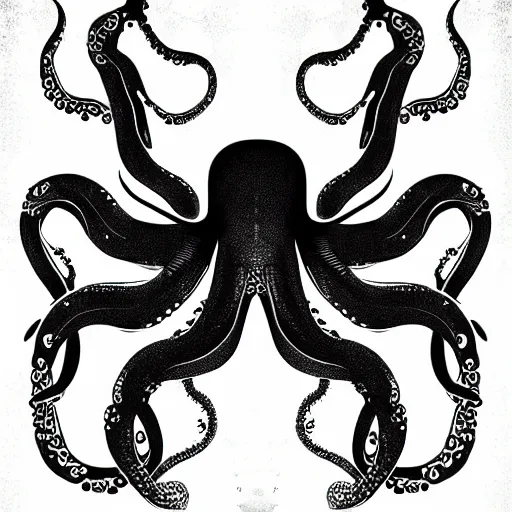 Image similar to cyborg octopus symmetrical colour ink painting, digital art, minimal geometric