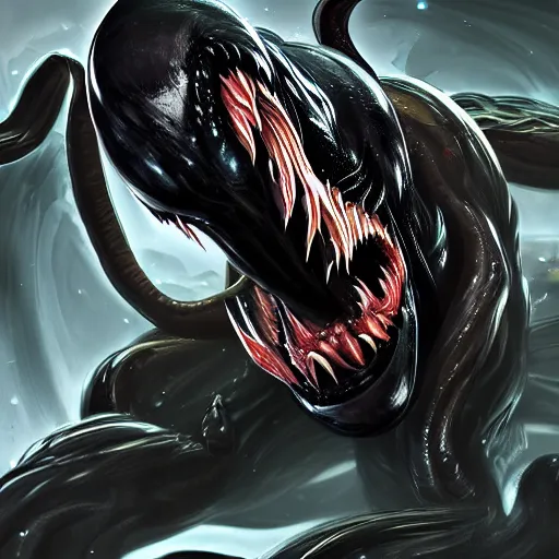 Prompt: venom as a good hero, hyper detailed masterpiece, digital art painting, hyper realism aesthetic