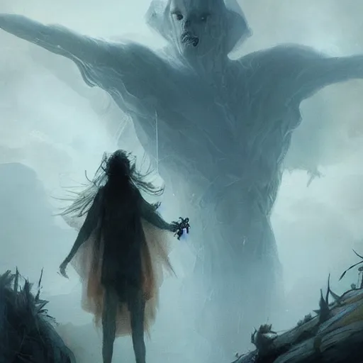 Image similar to a beautiful terrifying pale humanoid giant looms over a tiny human. ethereal fantasy art by greg rutkowski