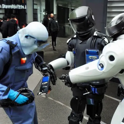Prompt: Robotic security guard being dismantled by rioters