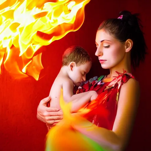 Image similar to beautiful woman cradling her child made of colorful fire by salome tatladze, elegant, colorful, loving