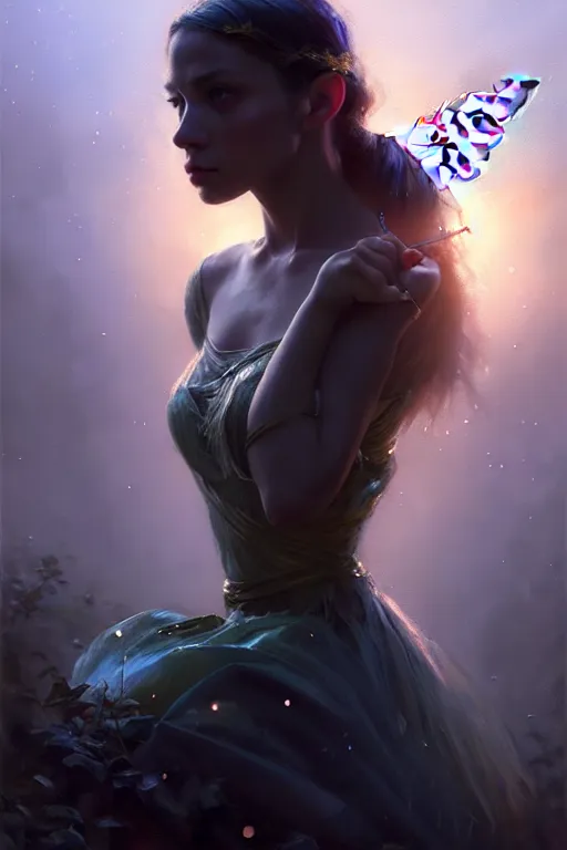 Image similar to cinematic shot of an epic portrait of a fairy dressed in military clothes, shiny skin, beautiful eyes, beautiful, small details, night setting, realistic poster with volumetric light from craig mallism, artgerm, jeremy lipkin and michael garmash, unreal engine, radiant light, detailed and complex environment, digital art, trends at art station, a masterpiece