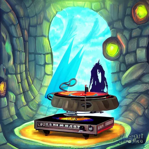 Image similar to fantasy painting of a dj set with turntable in a fantasy dungeon in the style of dnd,