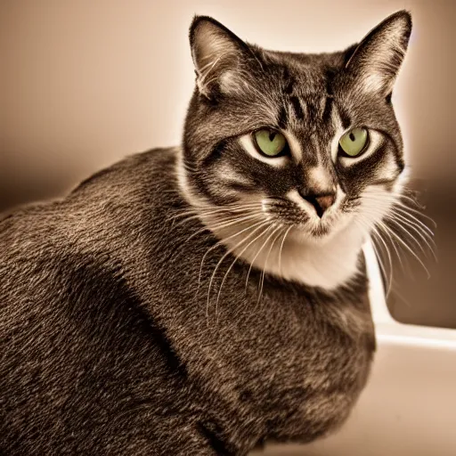 Image similar to photographic portrait by Annie Leibovitz of a cat in a hot tub, closeup, foggy, sepia, moody, dream-like, sigma 85mm f/1.4, 15mm, 35mm, 4k, high resolution, 4k, 8k, hd, full color