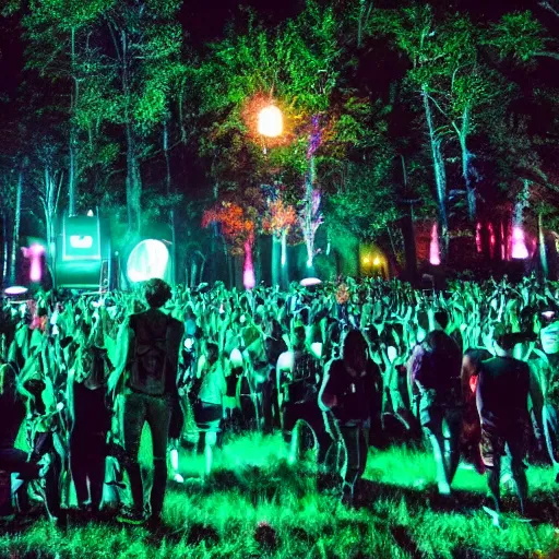 Prompt: Techno festival in forest at night