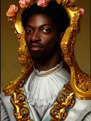 Image similar to rococo portrait of a black prince wearing a golden crown with pastel flowers, symmetrical, realistic, 8 k, digital painting, art by krenz cushart, kehinde wiley, artem demura