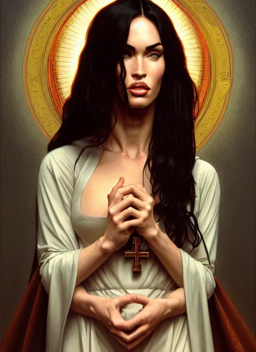 Image similar to portrait of megan fox as a sultry nun, catholic, church, bible, christian, intrigante, headshot, highly detailed, digital painting, artstation, concept art, sharp focus, cinematic lighting, illustration, art by artgerm and greg rutkowski, alphonse mucha, cgsociety