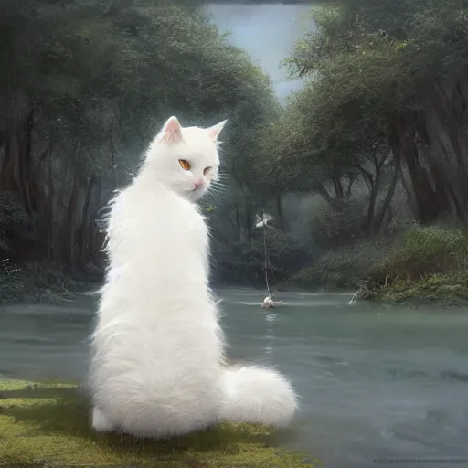 Prompt: white fluffy cat rising from the water. view from behind, wide angle view, back view. nuri iyem, james gurney, james jean, greg rutkowski. trending on artstation, starlight, and enchanted dreams