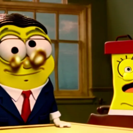 Image similar to mr. bean as spongebob. movie still. cinematic lighting.