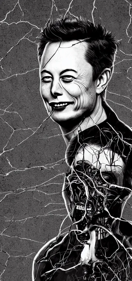 Image similar to horror picture of elon musk black oily dark body horror scary pipes wires grinning