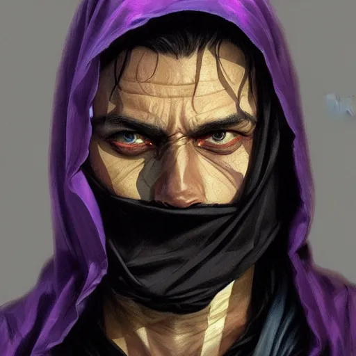 Image similar to ultra realistic illustration, man in a black hood, in a striped purple balaclava, mysterious, highly detailed, digital painting, artstation, concept art, smooth, sharp focus, illustration, art by artgerm and greg rutkowski and alphonse mucha