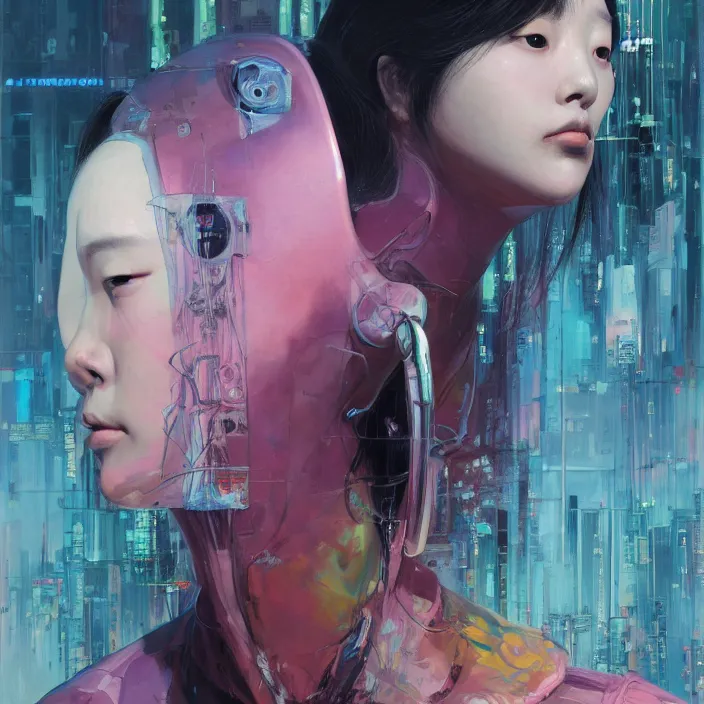 Prompt: korean woman with two heads, portrait, cyberpunk, feminine, pastel colors, futuristic, highly detailed, vibrant painting, extremely aerodynamic, petite, digital art, by syd mead, by wayne barlowe, by takashi murakami, by john berkey