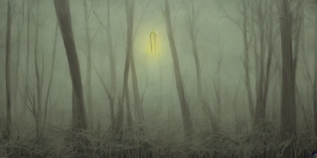 Prompt: painting of a mysterious light glowing in a murky swamp, muted colors, creepy