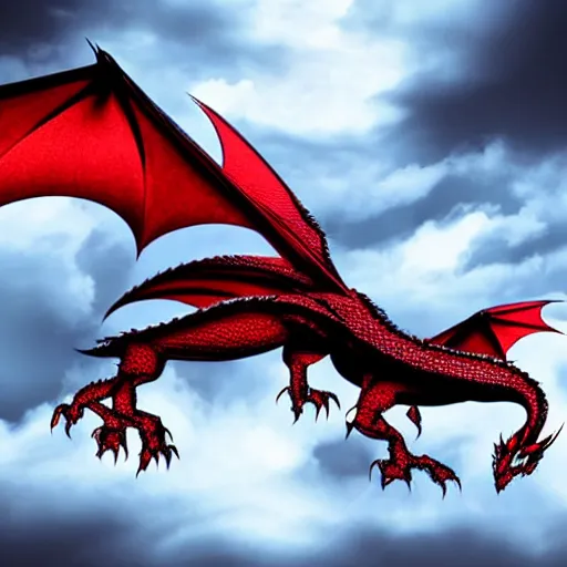 Image similar to epic dragon made of black clouds, flying through the skies, with red lightning coming out