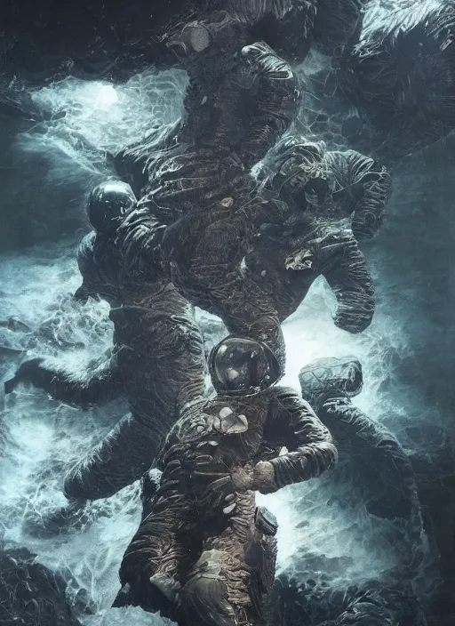 Image similar to astronauts in dark void underwater - complex and hyperdetailed technical suit. reflection and dispersion materials. rays and dispersion of light. volumetric light. f / 3 2. noise film photo. flash photography. ultra realistic, wide angle. poster by wayne barlowe, hajime sorayama aaron horkey, craig mullins