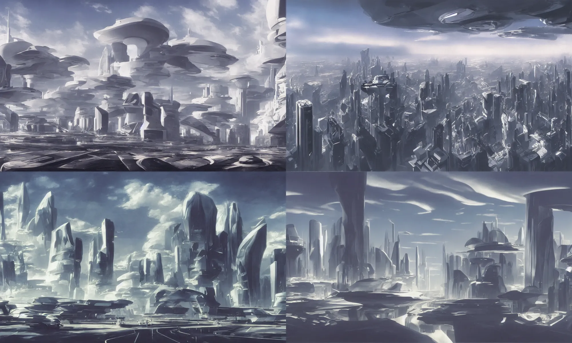 Prompt: Futuristic white and clean sci-fi city in clouds by Syd Mead, Matte Painting, 4k,