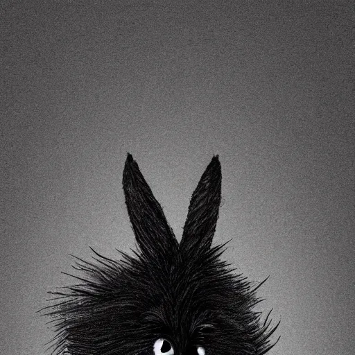 Image similar to A extremely highly detailed majestic hi-res beautiful, highly detailed head and shoulders portrait of a scary terrifying, horrifying, still of a creepy black cartoon rabbit in eraserhead with scary big eyes, earing a shirt laughing, hey buddy, let's be friends, in the style of Walt Disney animation