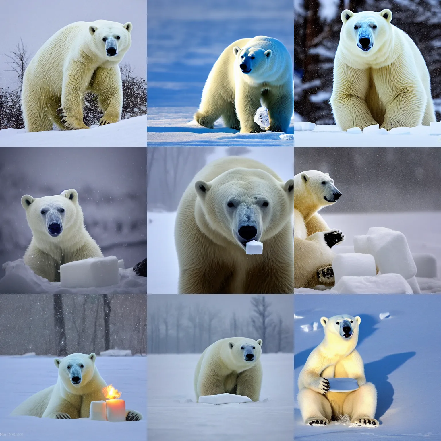 Prompt: a polar bear enjoying some white marshmallows in a blizzard. award - winning photograph, national geographic cover.