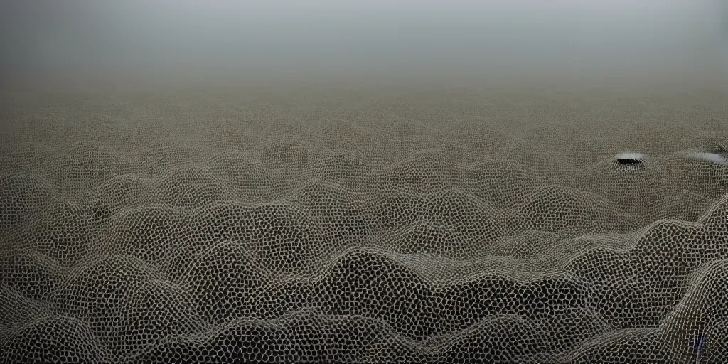 Image similar to white honeycomb organic building with warm illumination inside by ernesto neto sits on the field evening atmosphere in low fog, 4 k, insanely quality, highly detailed, film still from the movie directed by denis villeneuve with art direction by zdzisław beksinski, telephoto lens, shallow depth of field