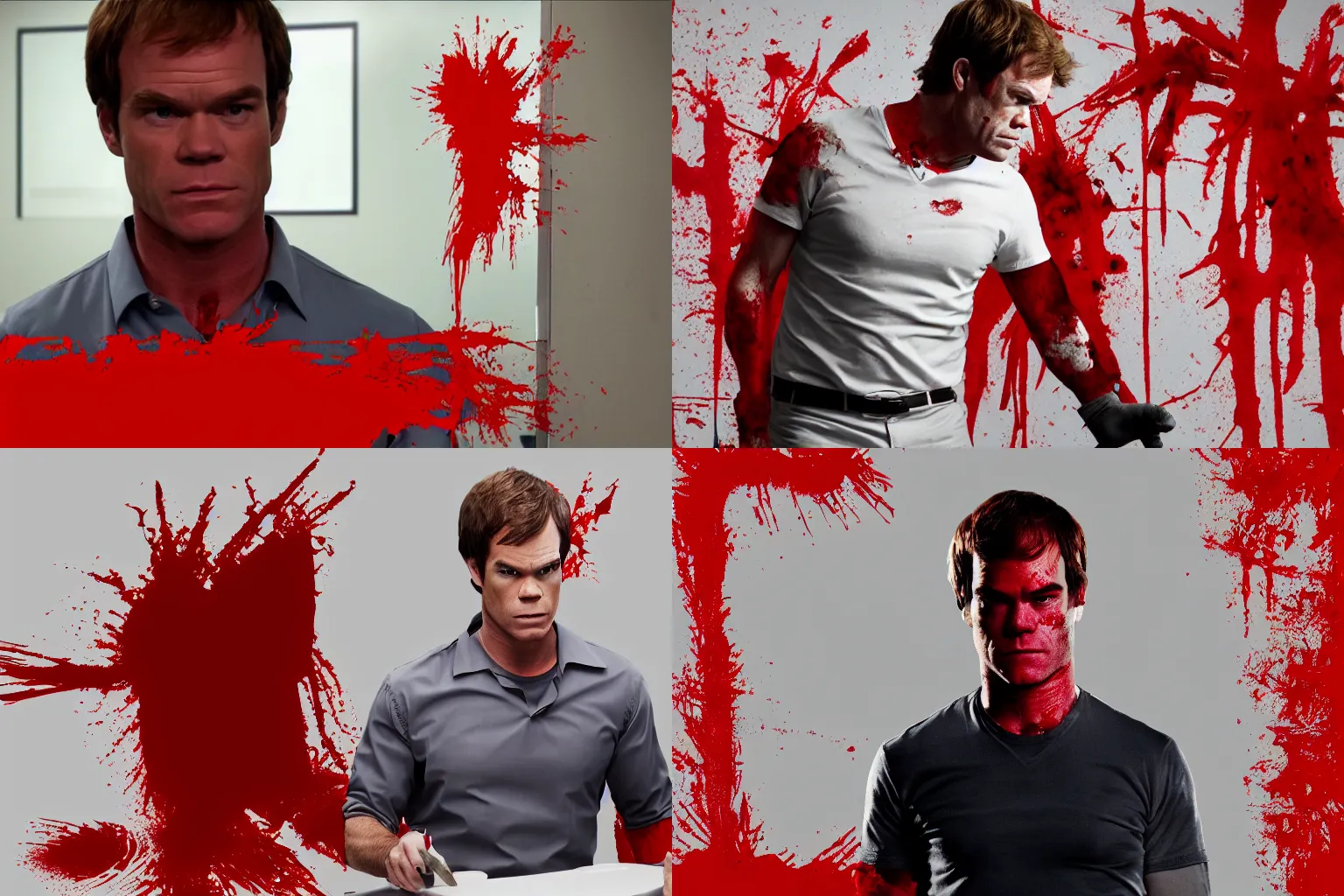 Prompt: Dexter Morgan working in an office wearing a shirt with red paint spilled on it, upscaled, 4k photo