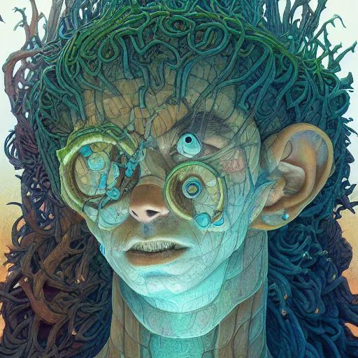 Prompt: fungus labyrinth mohawk scales projector portrait by gaston bussierre and charles vess and james jean and erik jones and rhads, inspired by rick and morty, epic, funny, huge scale, beautiful fine face features, intricate high details, sharp, ultradetailed