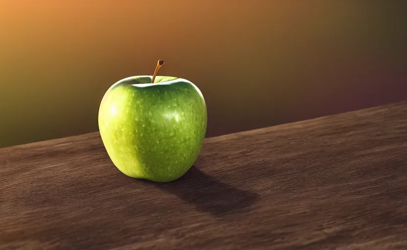 Image similar to a macro photo of a green apple on a wooden table at sunrise, hyperrealistic, some trees in the background, dof, octane render, unreal engine 5, trending on artstation, high quality, highly detailed, 8 k, soft lighting, path traced, beautiful, harmonious, complementary colors, serene scene, bloom, godrays, concept art