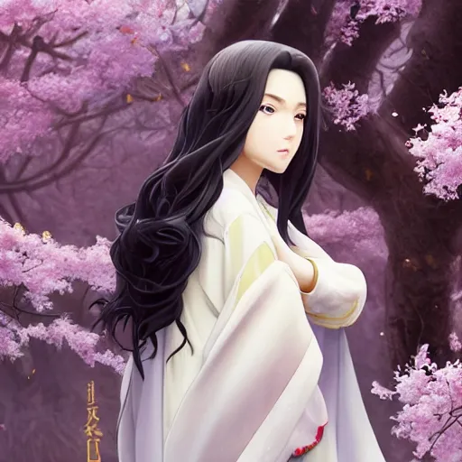 Prompt: a young beautiful prince, golden eyes, long black hair, white hanfu, elegant, intricate, backlit, incredible lighting, strong rim light, subsurface scattering, photorealistic anime, beautiful landscape, cherry trees, highly detailed digital painting, by Heise Jinyao, Heise-Lian Yan Fang, Feimo, Rossdraws, Sakimichan HDRI, vivid colors, high contrast, trending on artstation 8k