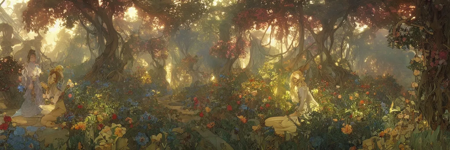 Prompt: A beautiful painting of a utopian garden and forest steampunk landscape by Alfons Maria Mucha and Julie Dillon and Makoto Shinkai