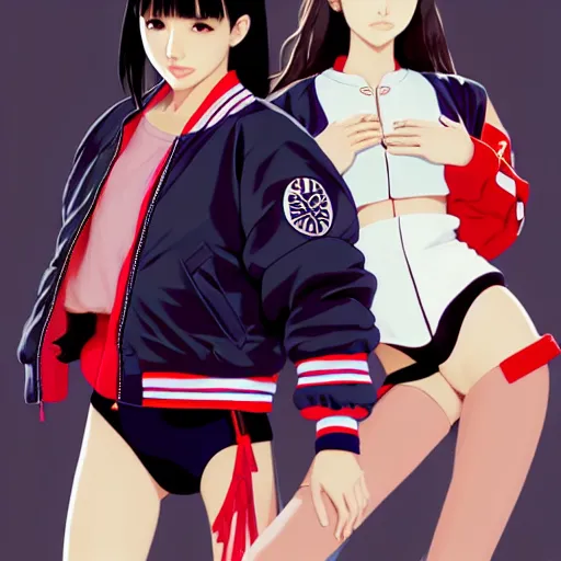 Image similar to a beautiful japanese natalie portman gravure model, wearing oversized native designer bomber jacket and leotard, bulky poofy bomber jacket with mesoamerican patterns, mesoamerican native street fashion, gapmoe yandere grimdark, trending on pixiv fanbox, painted by greg rutkowski makoto shinkai takashi takeuchi studio ghibli, akihiko yoshida