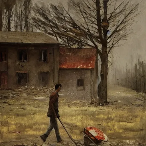 Image similar to painting by jakub rozalski of a person walking with a wheelbarrow in an abandoned post soviet town infested with root monsters