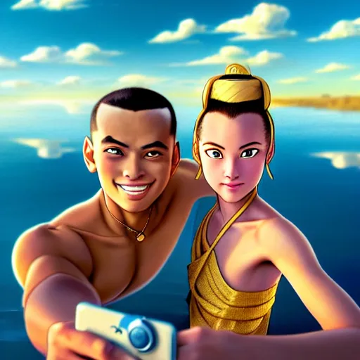 Prompt: beautiful serene intricate photograph of sokka and suki taking a selfie, smiling softly, relaxing on the beach, golden hour, soft focus, 8 k, art by irakli nadar, hyperrealism, hyperdetailed, ultra realistic