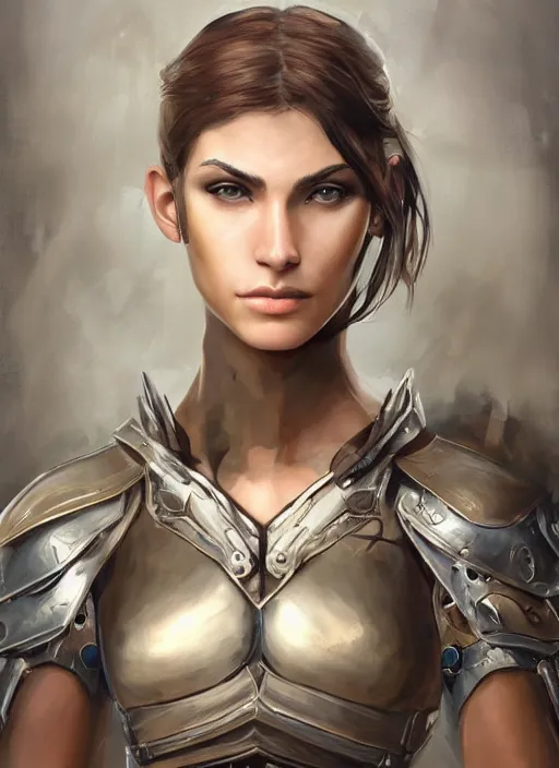 Image similar to a professionally painting of an attractive young female, partially wrapped in battle armor, olive skin, long dark hair, beautiful bone structure, perfectly proportioned, symmetrical facial features, intricate, elegant, heroic pose, digital painting, concept art, smooth, sharp focus, finely detailed, beautifully framed, from Metal Gear, in the mixed styles of Ruan Jia and Mandy Jurgens and Artgerm and William-Adolphe Bouguerea