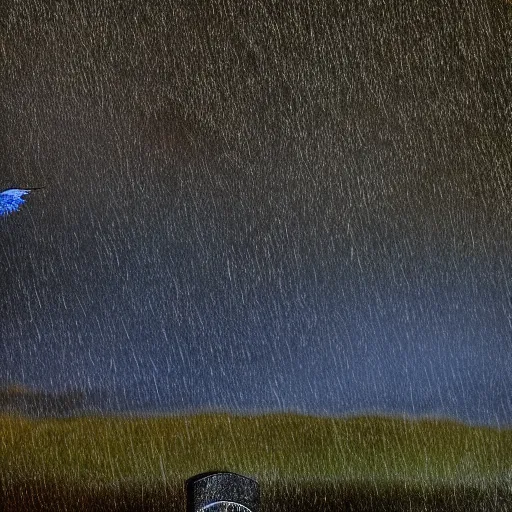 Image similar to a raven flying over the tombstone at rainy night with full moon, rain, clouds, tall trees, diffused blue glow