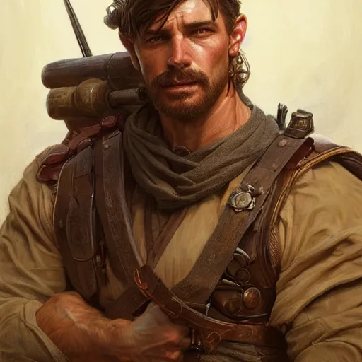 Image similar to portrait of a rugged ranger, muscular, upper body, 👅 👅 , D&D, fantasy, intricate, elegant, highly detailed, digital painting, artstation, concept art, smooth, sharp focus, illustration, art by artgerm and greg rutkowski and alphonse mucha