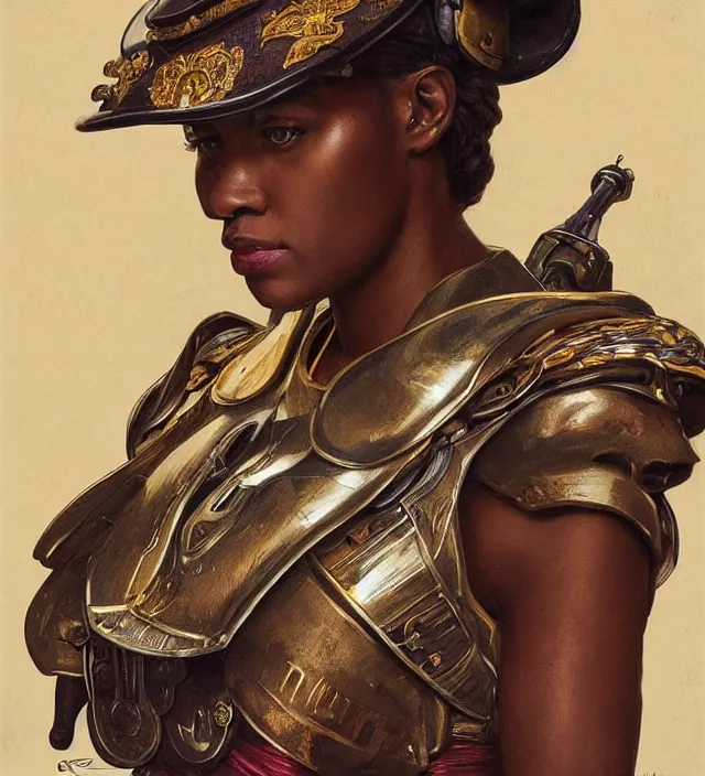 Image similar to portrait of an south african woman wearing a traditional nineteenth century south african empire military uniform, metal shoulder pauldrons, intricate, highly detailed, digital painting, artstation, concept art, sharp focus, cinematic lighting, illustration, art by artgerm and greg rutkowski, alphonse mucha, cgsociety