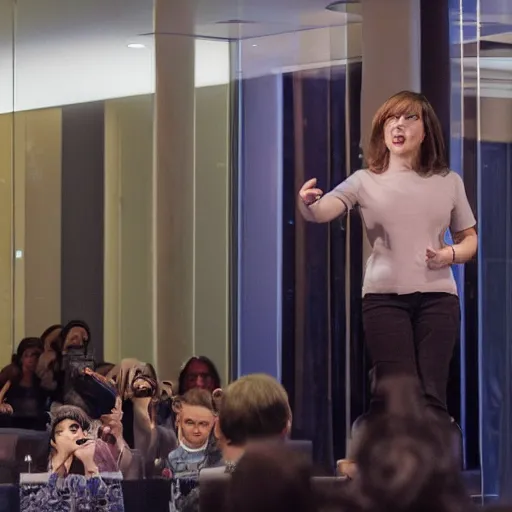 Image similar to photograph of a female mark zuckerberg giving a keynote speech on apple park